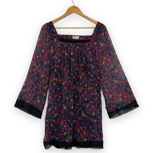 Olsenboye Floral Chiffon Lace Trim Boho Dress Medium M